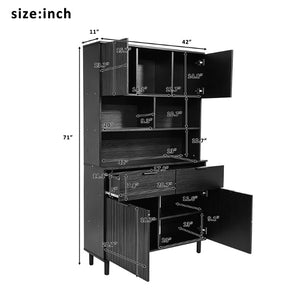 English Elm 71.26 Inch Tall Fluted Wood Grain Cabinet with Open Shelves Drawers and Closed Storage Black N732S515148B