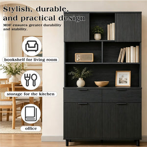 English Elm 71.26 Inch Tall Fluted Wood Grain Cabinet with Open Shelves Drawers and Closed Storage Black N732S515148B