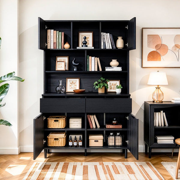 English Elm 71.26 Inch Tall Fluted Wood Grain Cabinet with Open Shelves Drawers and Closed Storage Black N732S515148B