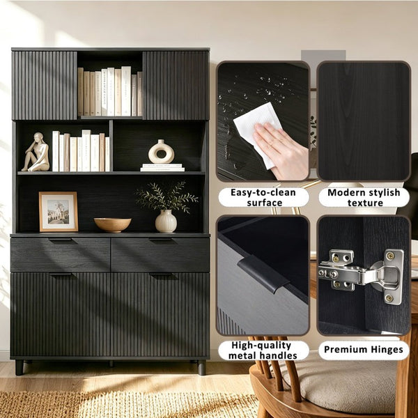 English Elm 71.26 Inch Tall Fluted Wood Grain Cabinet with Open Shelves Drawers and Closed Storage Black N732S515148B
