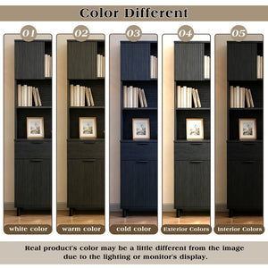 English Elm 71.26 Inch Tall Fluted Wood Grain Cabinet with Open Shelves Drawers and Closed Storage Black N732S515148B