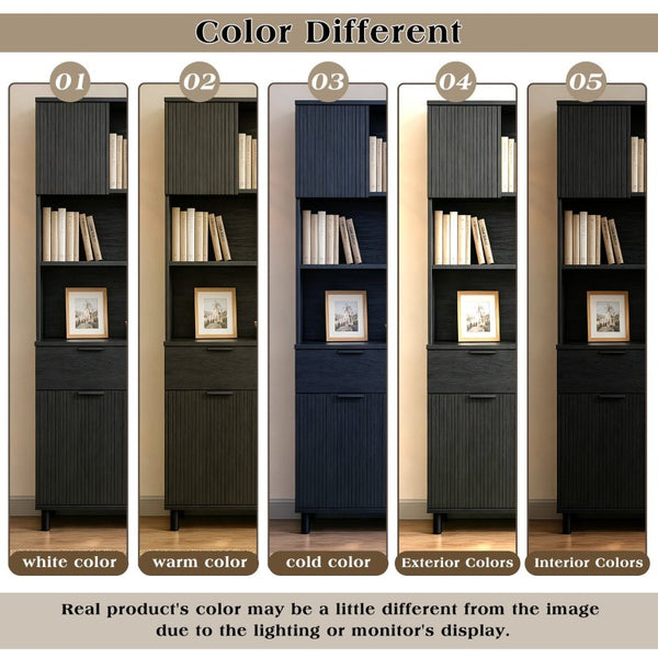 English Elm 71.26 Inch Tall Fluted Wood Grain Cabinet with Open Shelves Drawers and Closed Storage Black N732S515148B