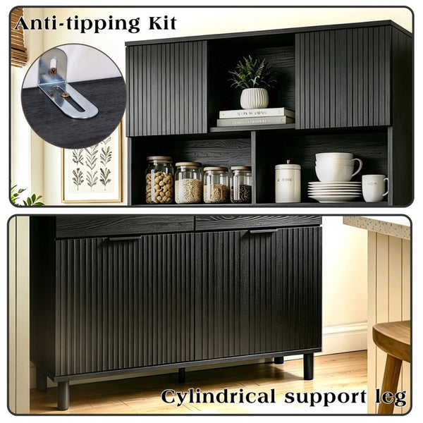 English Elm 71.26 Inch Tall Fluted Wood Grain Cabinet with Open Shelves Drawers and Closed Storage Black N732S515148B
