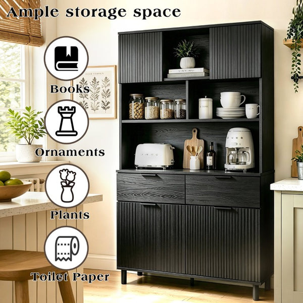 English Elm 71.26 Inch Tall Fluted Wood Grain Cabinet with Open Shelves Drawers and Closed Storage Black N732S515148B