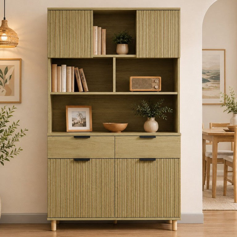 English Elm 71.26 Inch Tall Fluted Wood Grain Cabinet with Open Shelves Drawers and Closed Storage Natural Oak N732S515148O