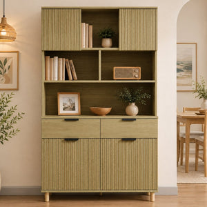 English Elm 71.26 Inch Tall Fluted Wood Grain Cabinet with Open Shelves Drawers and Closed Storage Natural Oak N732S515148O