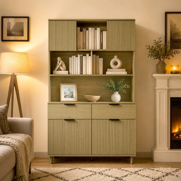 English Elm 71.26 Inch Tall Fluted Wood Grain Cabinet with Open Shelves Drawers and Closed Storage Natural Oak N732S515148O