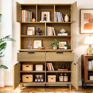 English Elm 71.26 Inch Tall Fluted Wood Grain Cabinet with Open Shelves Drawers and Closed Storage Natural Oak N732S515148O