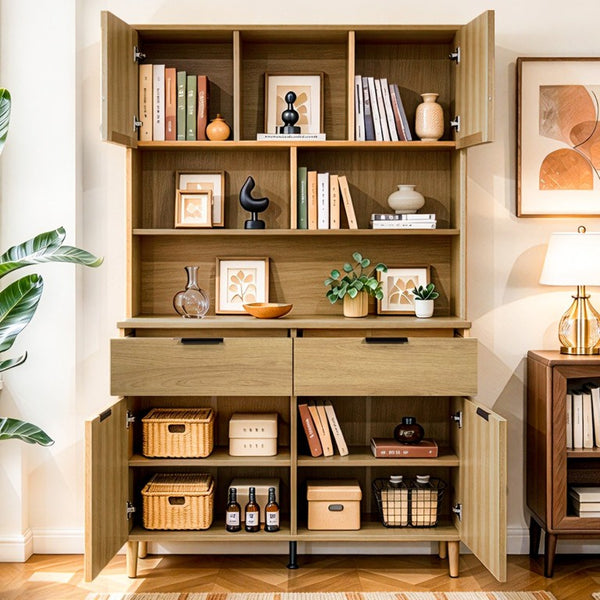 English Elm 71.26 Inch Tall Fluted Wood Grain Cabinet with Open Shelves Drawers and Closed Storage Natural Oak N732S515148O