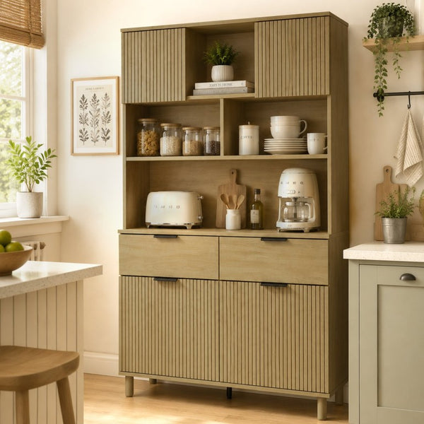 English Elm 71.26 Inch Tall Fluted Wood Grain Cabinet with Open Shelves Drawers and Closed Storage Natural Oak N732S515148O