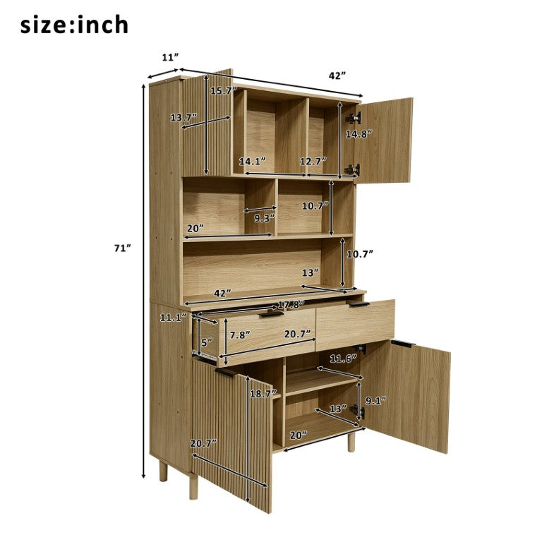 English Elm 71.26 Inch Tall Fluted Wood Grain Cabinet with Open Shelves Drawers and Closed Storage Natural Oak N732S515148O