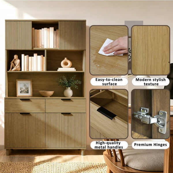 English Elm 71.26 Inch Tall Fluted Wood Grain Cabinet with Open Shelves Drawers and Closed Storage Natural Oak N732S515148O