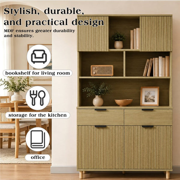 English Elm 71.26 Inch Tall Fluted Wood Grain Cabinet with Open Shelves Drawers and Closed Storage Natural Oak N732S515148O