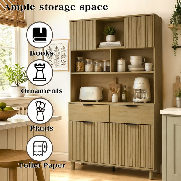 English Elm 71.26 Inch Tall Fluted Wood Grain Cabinet with Open Shelves Drawers and Closed Storage Natural Oak N732S515148O