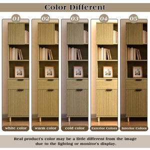 English Elm 71.26 Inch Tall Fluted Wood Grain Cabinet with Open Shelves Drawers and Closed Storage Natural Oak N732S515148O