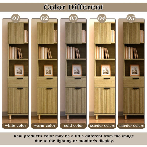 English Elm 71.26 Inch Tall Fluted Wood Grain Cabinet with Open Shelves Drawers and Closed Storage Natural Oak N732S515148O