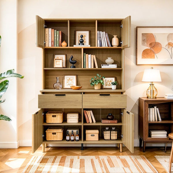 English Elm 71.26 Inch Tall Fluted Wood Grain Cabinet with Open Shelves Drawers and Closed Storage Natural Oak N732S515148O