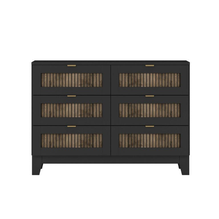English Elm N733s369050b, Farmhouse Bedroom Set with Black Lacquer Finish and Wood Strip Detailing N733P369050B