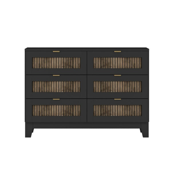 English Elm N733s369050b, Farmhouse Bedroom Set with Black Lacquer Finish and Wood Strip Detailing N733P369050B