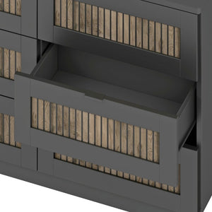 English Elm N733s369050b, Farmhouse Bedroom Set with Black Lacquer Finish and Wood Strip Detailing N733P369050B