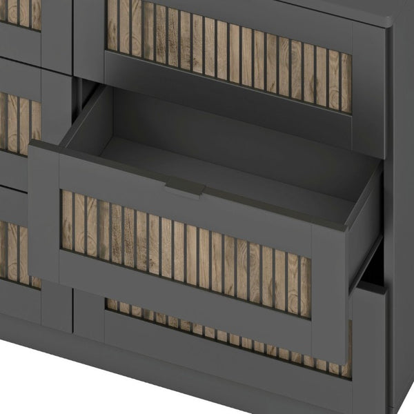 English Elm N733s369050b, Farmhouse Bedroom Set with Black Lacquer Finish and Wood Strip Detailing N733P369050B