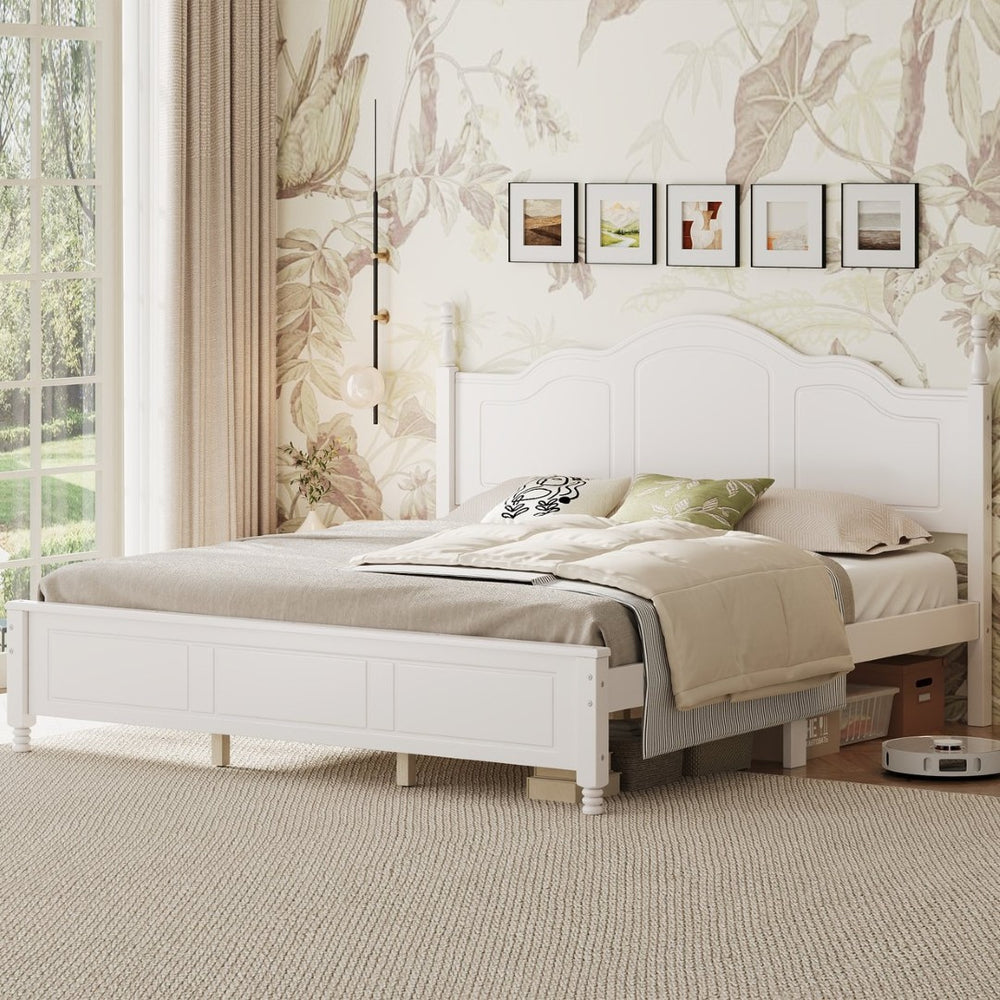 English Elm King Platform Bed Vintage Wave Headboard Finials Wood Slat Support Bedroom Frame White N733P421985K