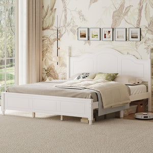 English Elm King Platform Bed Vintage Wave Headboard Finials Wood Slat Support Bedroom Frame White N733P421985K