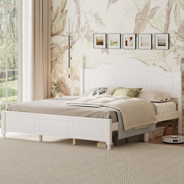 English Elm King Platform Bed Vintage Wave Headboard Finials Wood Slat Support Bedroom Frame White N733P421985K