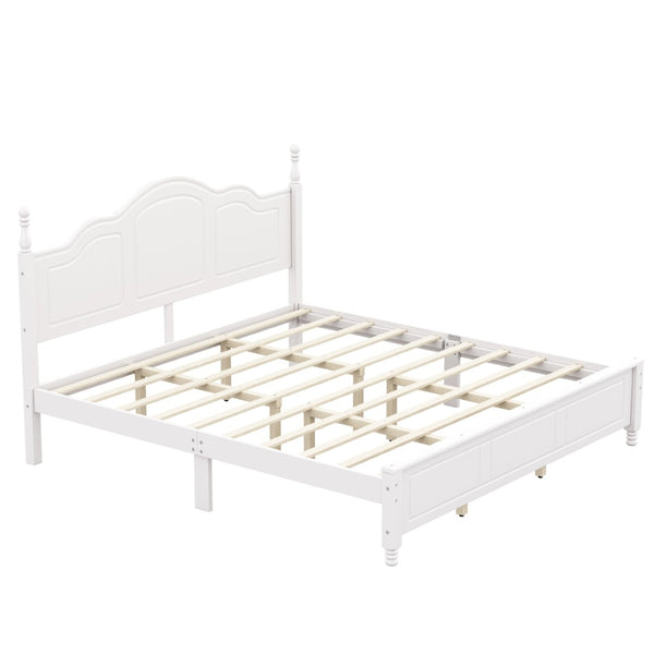English Elm King Platform Bed Vintage Wave Headboard Finials Wood Slat Support Bedroom Frame White N733P421985K