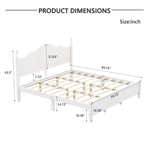 English Elm King Platform Bed Vintage Wave Headboard Finials Wood Slat Support Bedroom Frame White N733P421985K