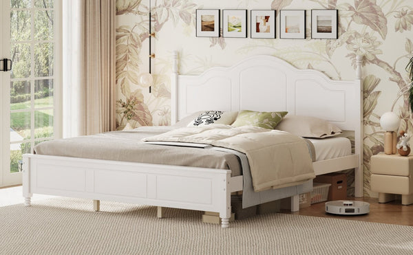 English Elm King Platform Bed Vintage Wave Headboard Finials Wood Slat Support Bedroom Frame White N733P421985K