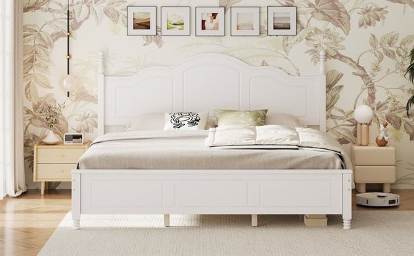 English Elm King Platform Bed Vintage Wave Headboard Finials Wood Slat Support Bedroom Frame White N733P421985K