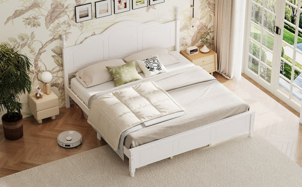English Elm King Platform Bed Vintage Wave Headboard Finials Wood Slat Support Bedroom Frame White N733P421985K