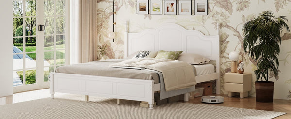 English Elm King Platform Bed Vintage Wave Headboard Finials Wood Slat Support Bedroom Frame White N733P421985K