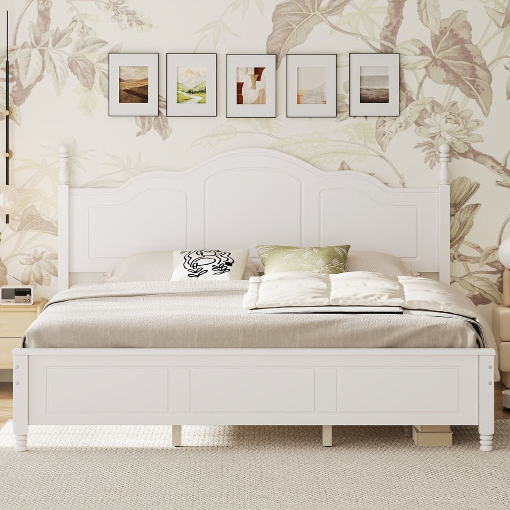 English Elm King Platform Bed Vintage Wave Headboard Finials Wood Slat Support Bedroom Frame White N733P421985K
