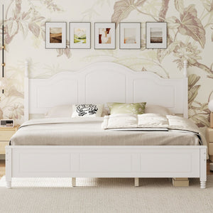 English Elm King Platform Bed Vintage Wave Headboard Finials Wood Slat Support Bedroom Frame White N733P421985K