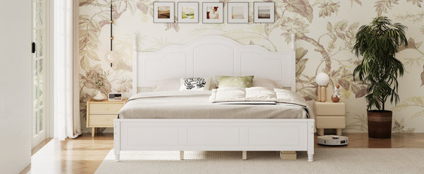 English Elm King Platform Bed Vintage Wave Headboard Finials Wood Slat Support Bedroom Frame White N733P421985K