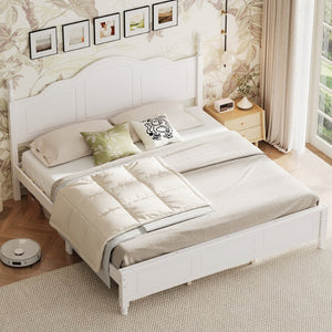 English Elm King Platform Bed Vintage Wave Headboard Finials Wood Slat Support Bedroom Frame White N733P421985K