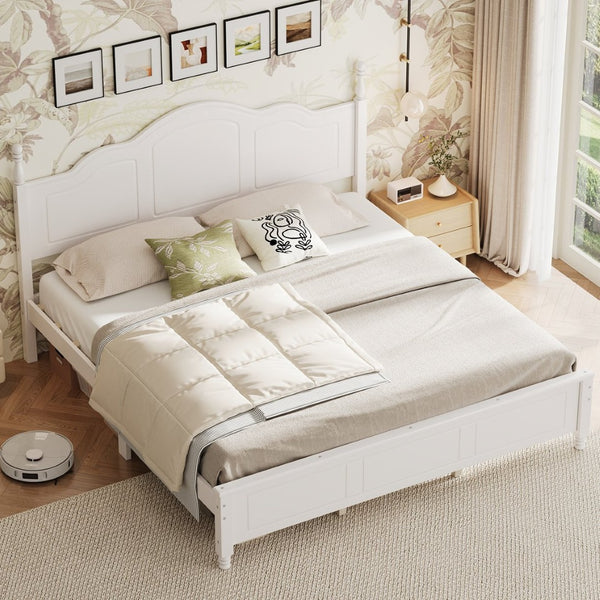 English Elm King Platform Bed Vintage Wave Headboard Finials Wood Slat Support Bedroom Frame White N733P421985K