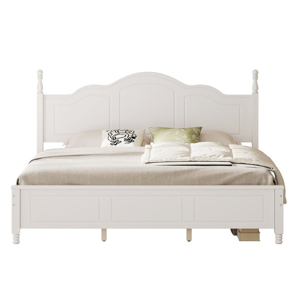 English Elm King Platform Bed Vintage Wave Headboard Finials Wood Slat Support Bedroom Frame White N733P421985K