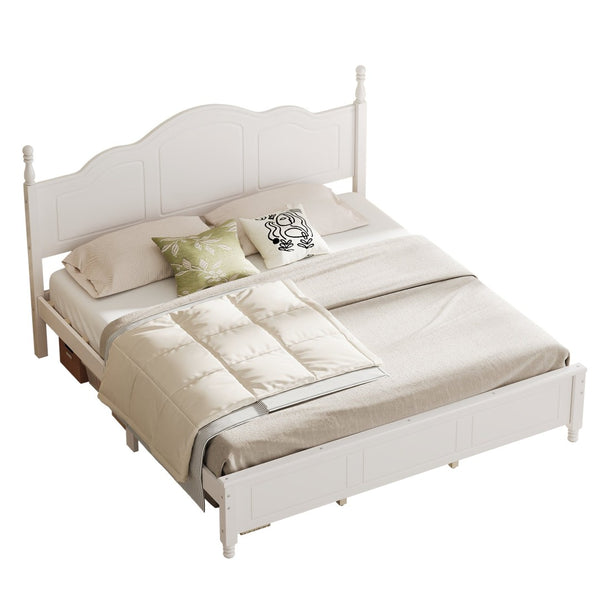 English Elm King Platform Bed Vintage Wave Headboard Finials Wood Slat Support Bedroom Frame White N733P421985K