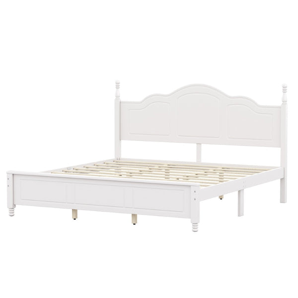 English Elm King Platform Bed Vintage Wave Headboard Finials Wood Slat Support Bedroom Frame White N733P421985K