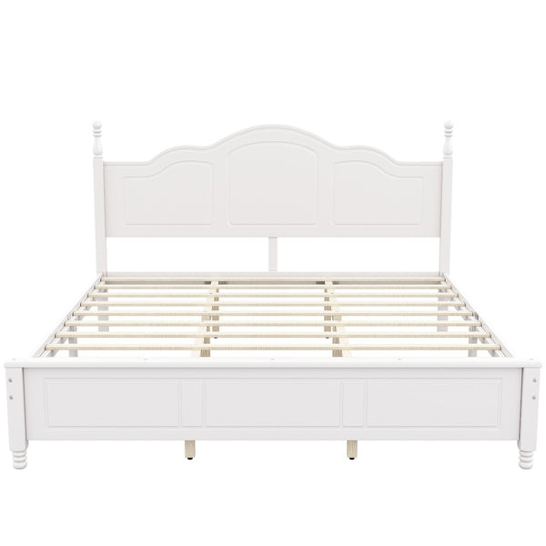 English Elm King Platform Bed Vintage Wave Headboard Finials Wood Slat Support Bedroom Frame White N733P421985K