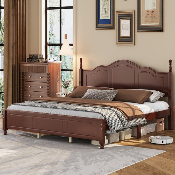 English Elm King Platform Bed Vintage Wave Headboard Finials Wood Slat Support Bedroom Frame Walnut N733P421985P