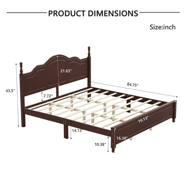 English Elm King Platform Bed Vintage Wave Headboard Finials Wood Slat Support Bedroom Frame Walnut N733P421985P
