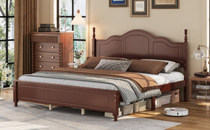 English Elm King Platform Bed Vintage Wave Headboard Finials Wood Slat Support Bedroom Frame Walnut N733P421985P