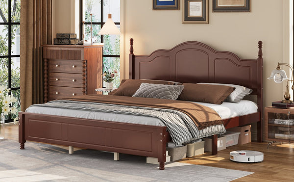 English Elm King Platform Bed Vintage Wave Headboard Finials Wood Slat Support Bedroom Frame Walnut N733P421985P