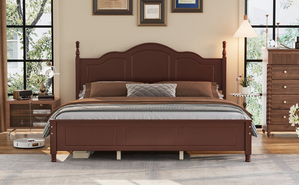 English Elm King Platform Bed Vintage Wave Headboard Finials Wood Slat Support Bedroom Frame Walnut N733P421985P
