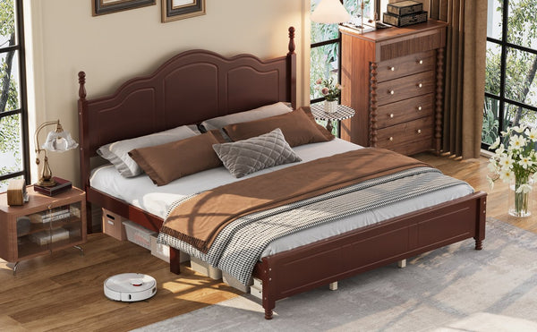 English Elm King Platform Bed Vintage Wave Headboard Finials Wood Slat Support Bedroom Frame Walnut N733P421985P