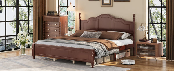 English Elm King Platform Bed Vintage Wave Headboard Finials Wood Slat Support Bedroom Frame Walnut N733P421985P